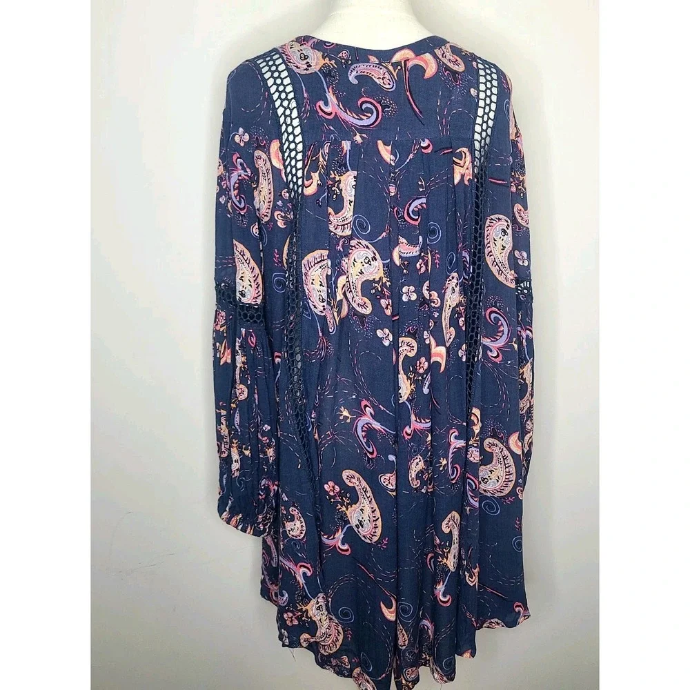 Free People Women's Blue‎ Boho Just the Two of Us Paisley Mini Dress Tunic Sz M